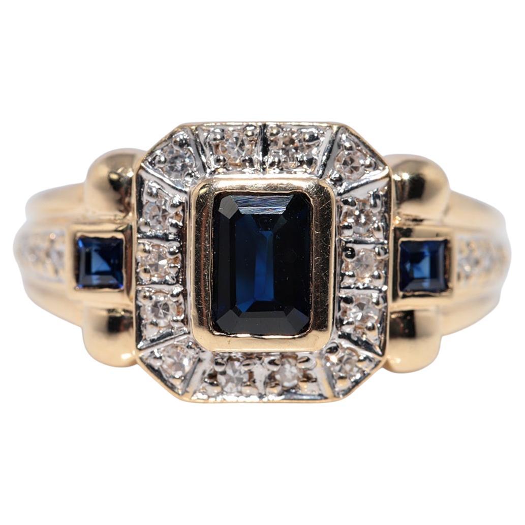 Anello in oro 18k con diamanti naturali e zaffiri taglio quadrato, vintage, circa anni '80