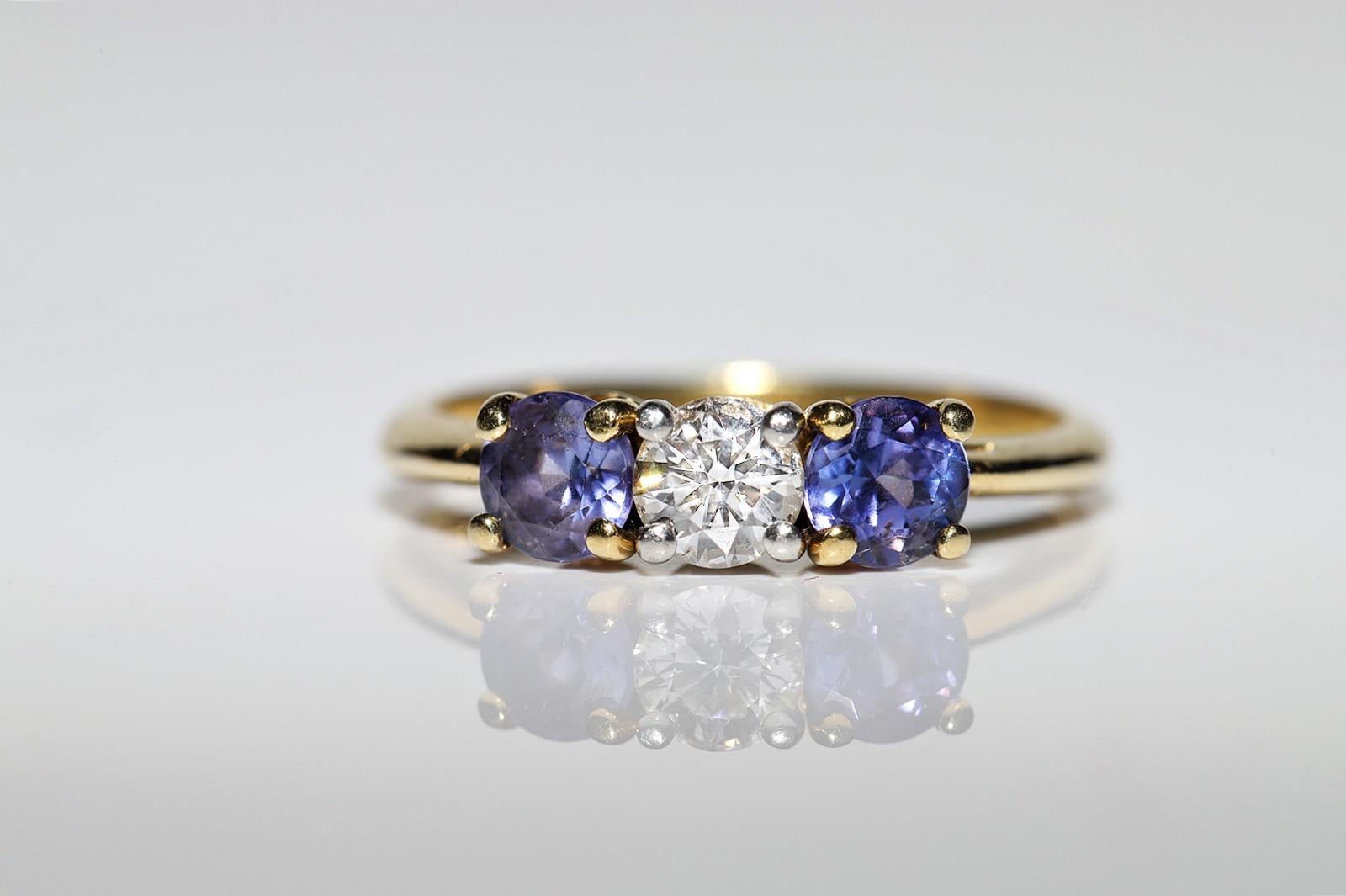 Dekorierter Vintage-Ring aus 18 Karat Gold mit natürlichem Diamant und Tansanit, ca. 1980er Jahre (Brillantschliff) im Angebot