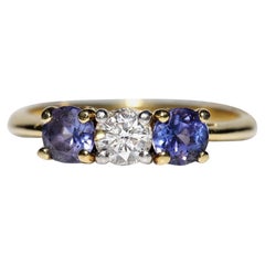 Anello decorato con diamanti naturali e tanzanite in oro 18k, vintage, circa anni '80
