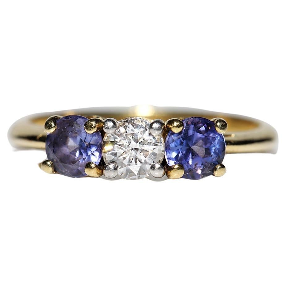 Vintage Circa 1980s 18k Gold Natural Diamond And Tanzanite Decorated Ring For Sale