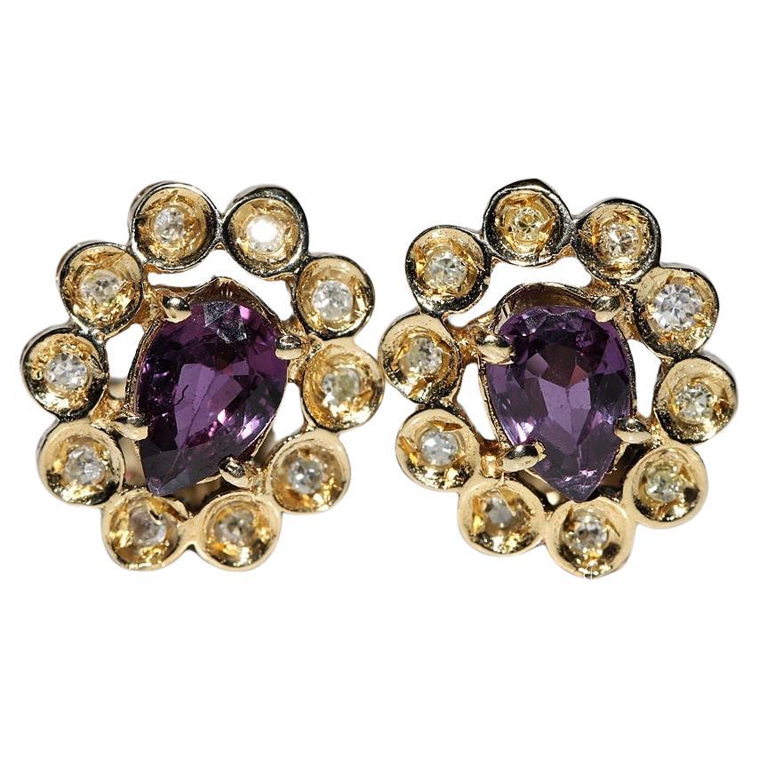 Vintage Circa 1980 Boucles d'oreilles en or 18k diamant naturel et tourmaline