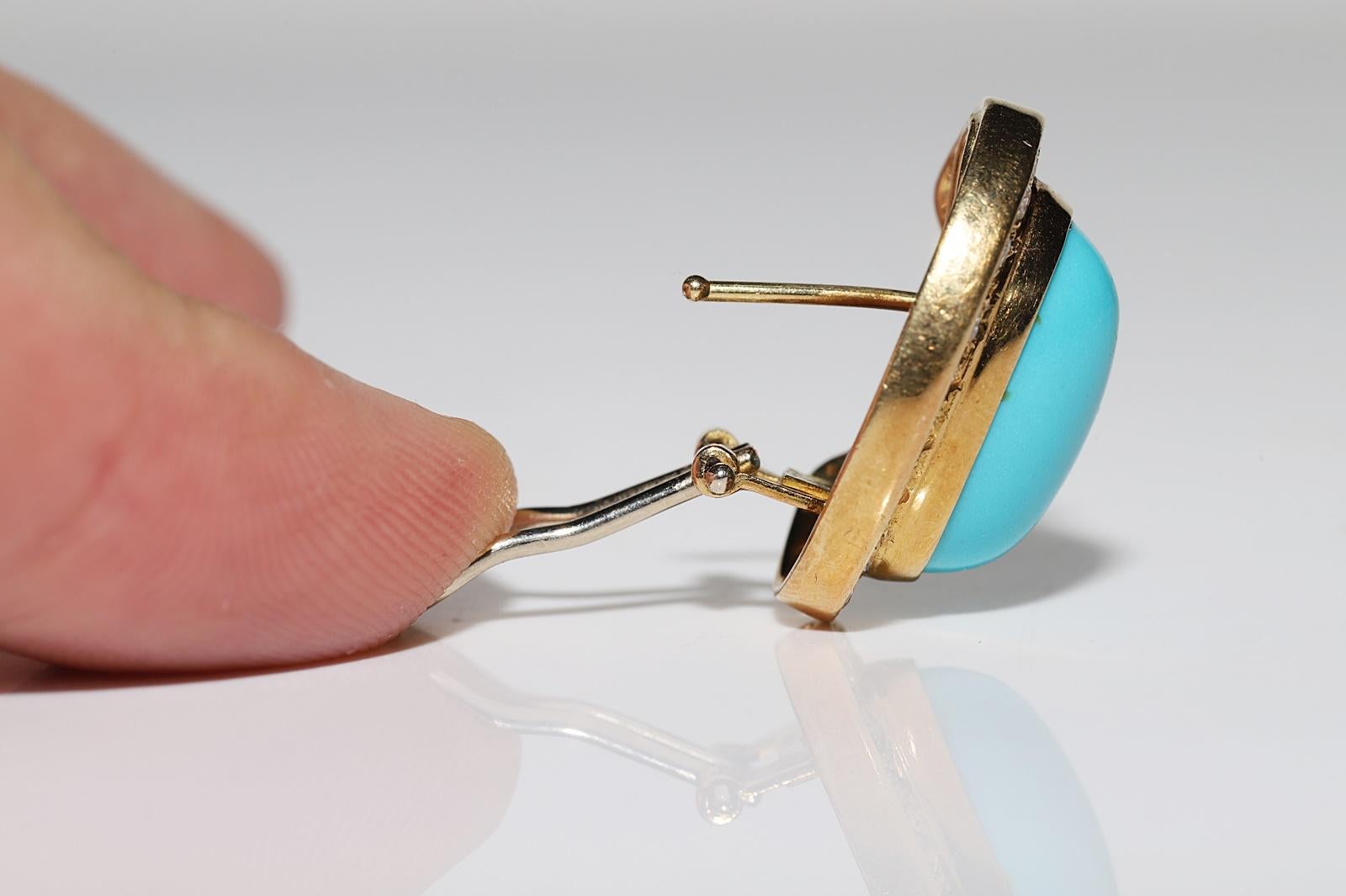 Vintage CIRCA 1980s 18k Gold Natürlicher Diamant und Türkis dekoriert Ohrring im Angebot 5
