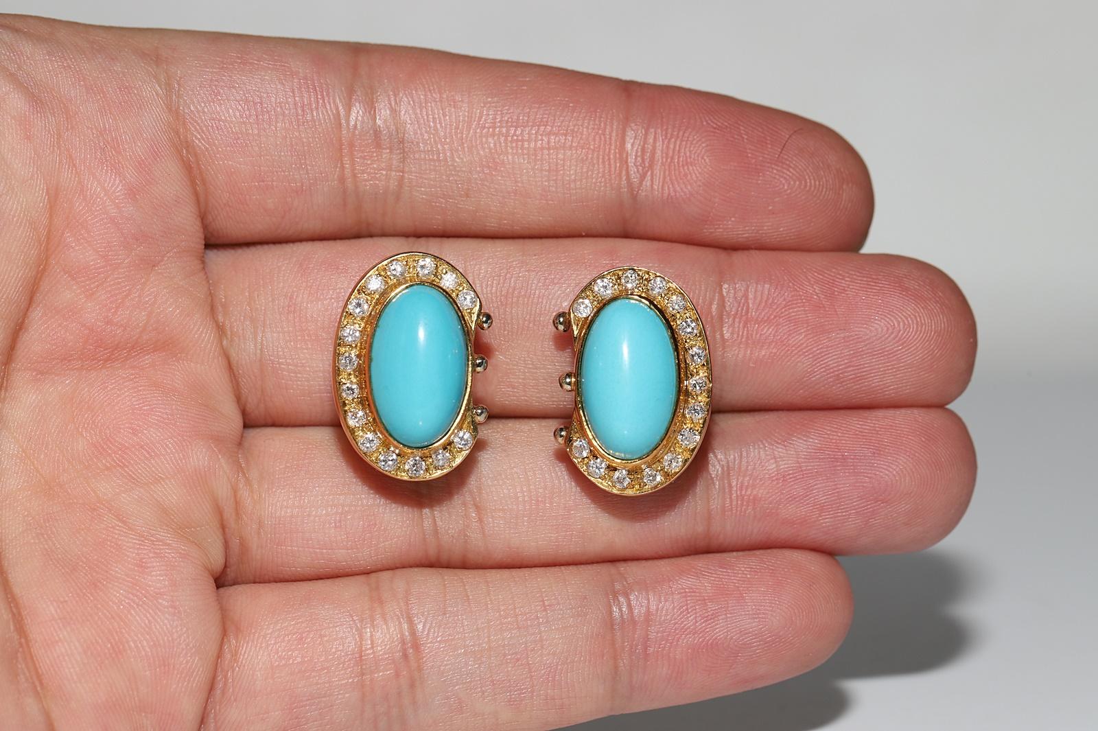 Vintage Circa 1980s 18k Gold Natural Diamond And Turquoise Decorated Earring For Sale 7
