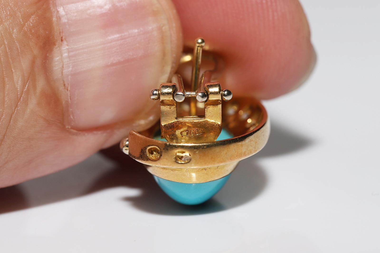 Vintage CIRCA 1980s 18k Gold Natürlicher Diamant und Türkis dekoriert Ohrring im Angebot 10
