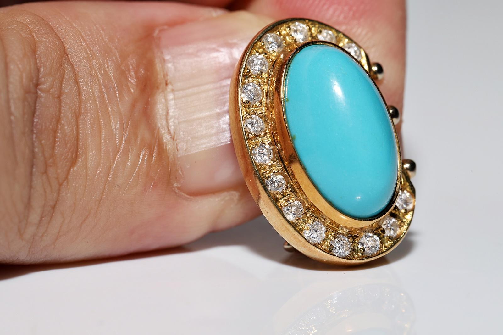 Vintage Circa 1980s 18k Gold Natural Diamond And Turquoise Decorated Earring For Sale 11