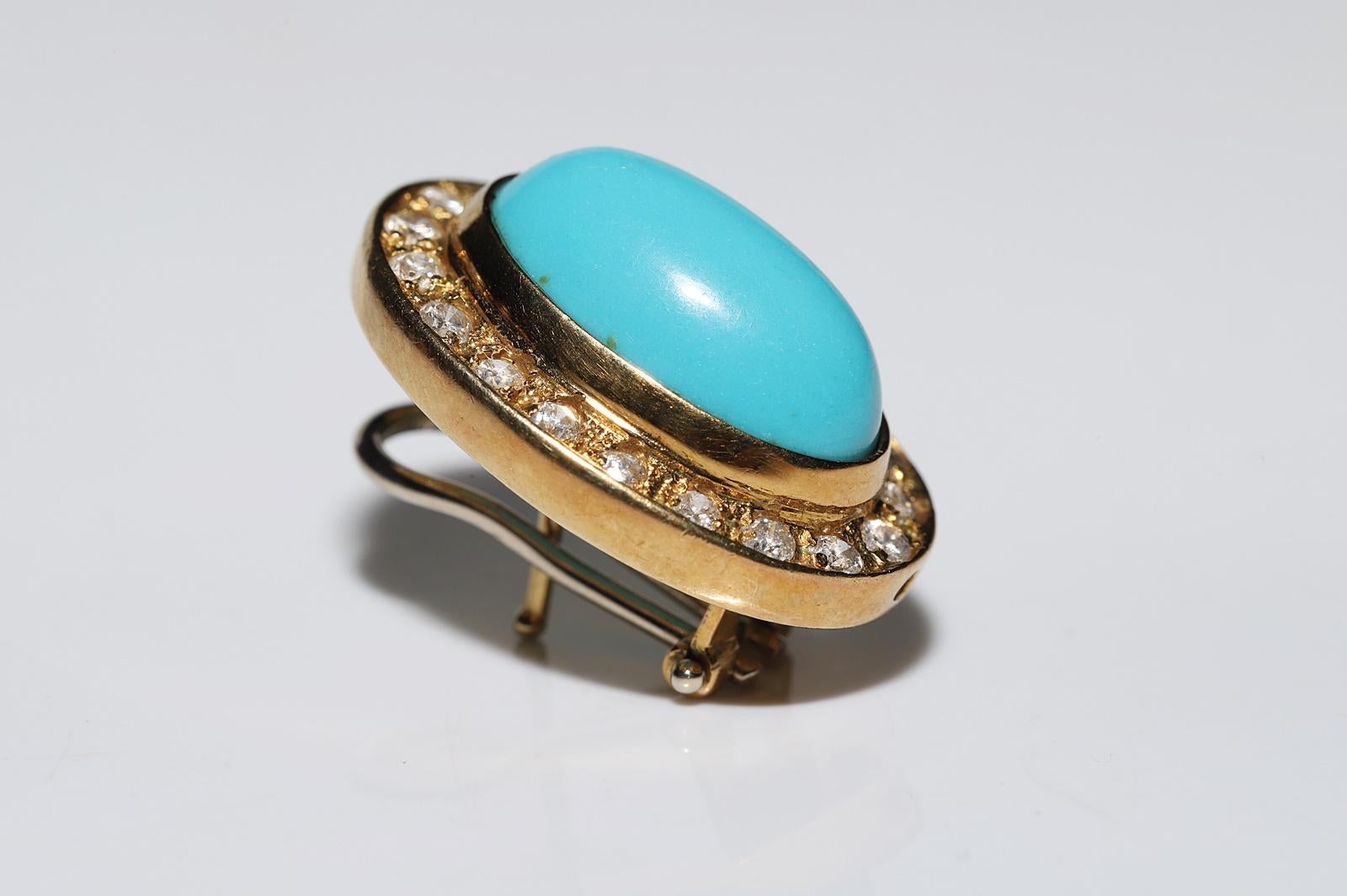 Vintage CIRCA 1980s 18k Gold Natürlicher Diamant und Türkis dekoriert Ohrring im Angebot 2