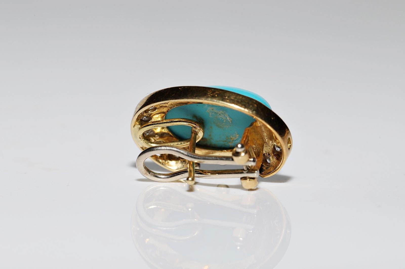 Vintage CIRCA 1980s 18k Gold Natürlicher Diamant und Türkis dekoriert Ohrring im Angebot 3