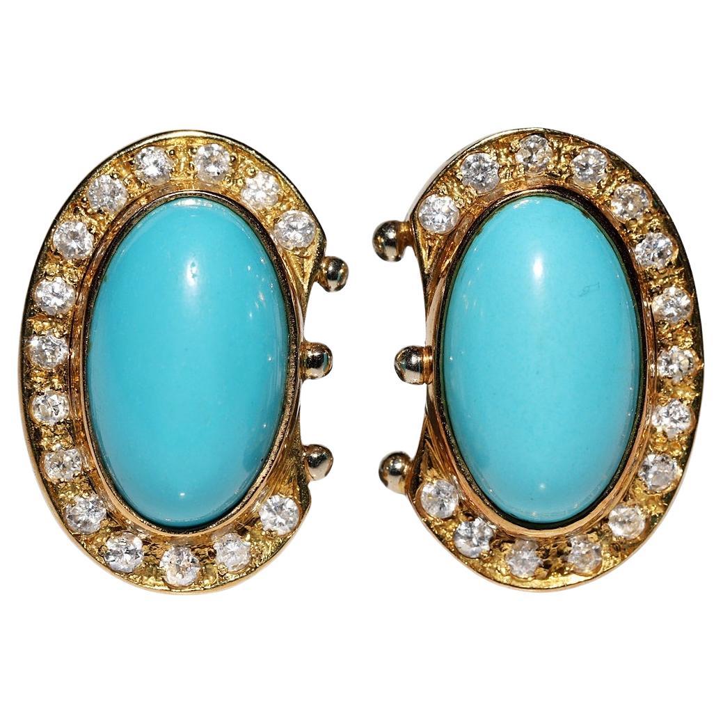 Vintage Circa 1980s 18k Gold Natural Diamond And Turquoise Decorated Earring For Sale