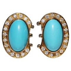 Vintage Circa 1980s 18k Gold Natural Diamond And Turquoise Decorated Earring