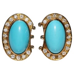 Vintage Circa 1980 Boucle d'oreille en or 18k ornée de diamants naturels et de turquoises