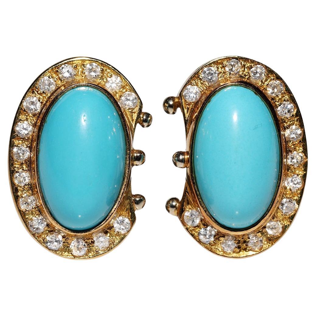Orecchino decorato in oro 18k con diamanti naturali e turchese, vintage, anni '80 circa
