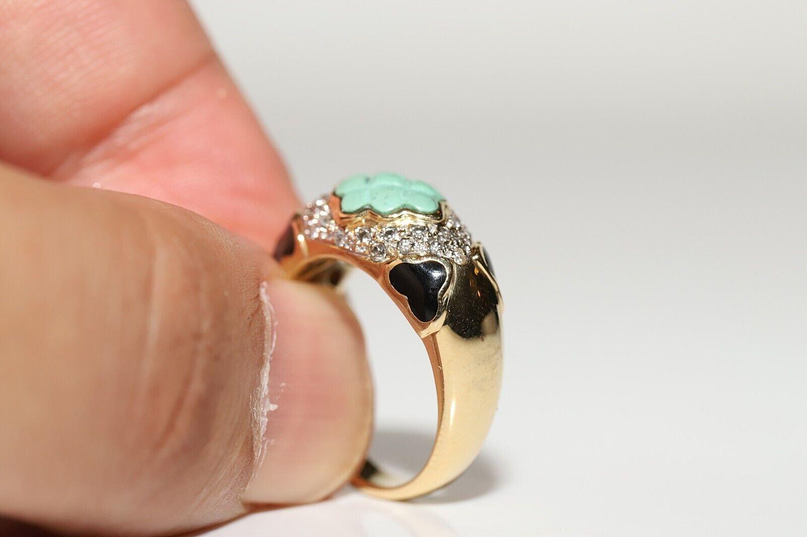 Vintage Circa 1980s 18k Gold Natural Diamond And Turquoise Decorated Ring  In Good Condition For Sale In Fatih/İstanbul, 34