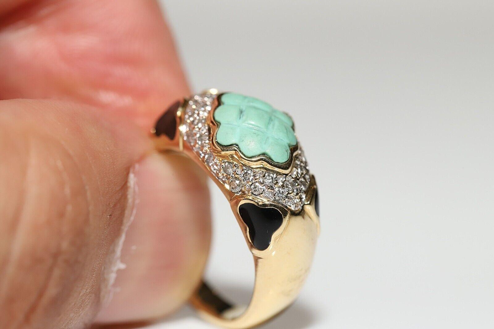 Women's Vintage Circa 1980s 18k Gold Natural Diamond And Turquoise Decorated Ring  For Sale