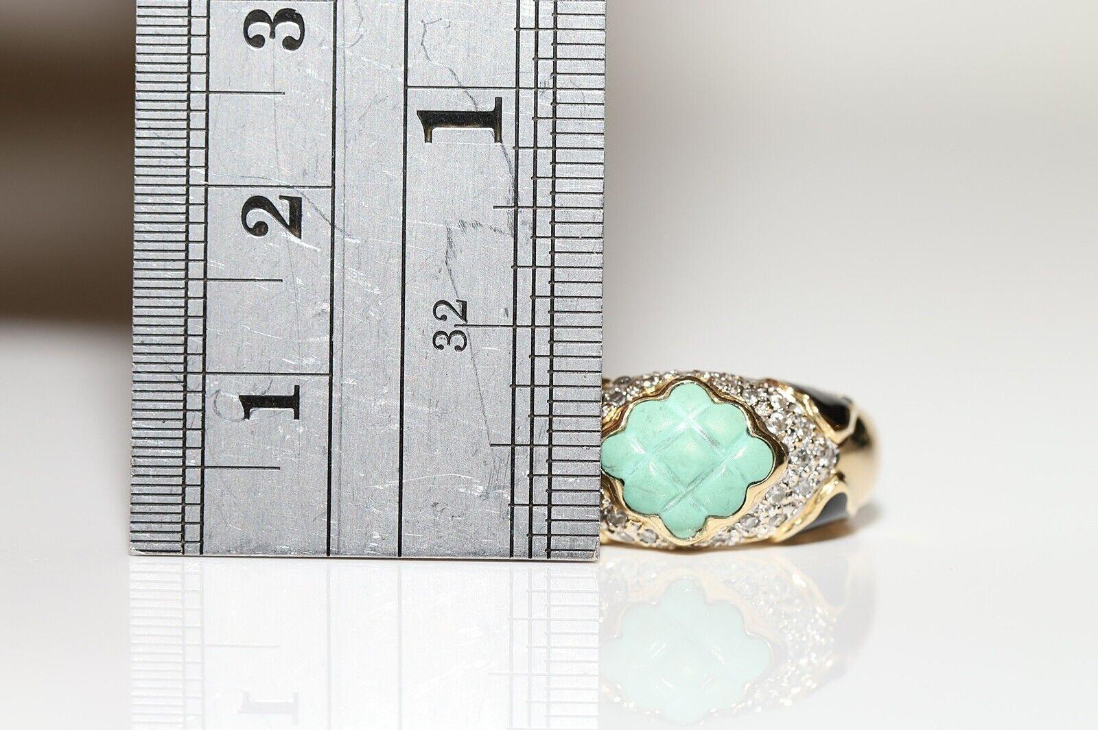 Vintage Circa 1980s 18k Gold Natural Diamond And Turquoise Decorated Ring  For Sale 1