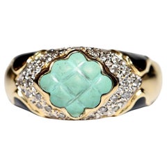 Vintage Circa 1980s 18k Gold Natural Diamond And Turquoise Decorated Ring 