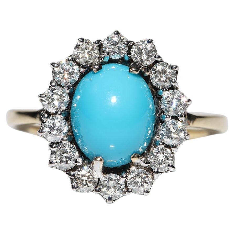 Anillo Vintage Circa 1980s Oro 18k Decorado con Diamantes Naturales y Turquesa