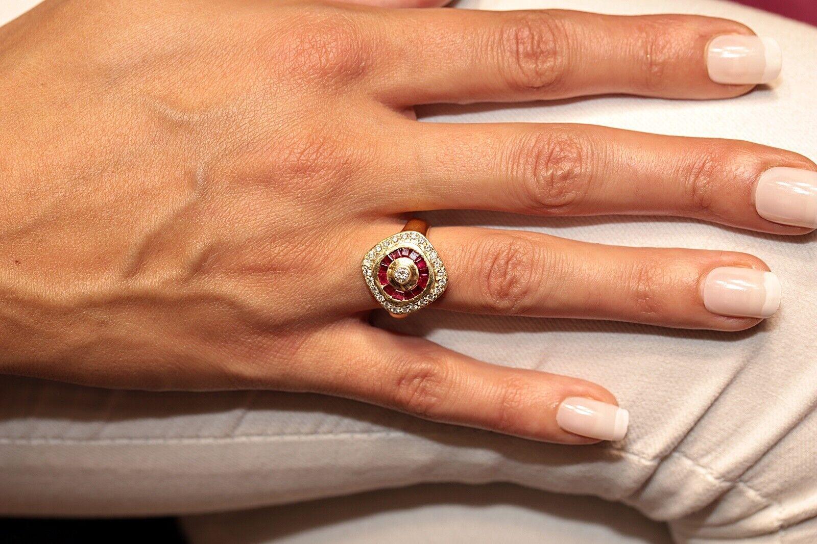 Vintage Circa 1980s 18k Gold Natural Diamond Caliber Ruby Decorated Ring For Sale 6