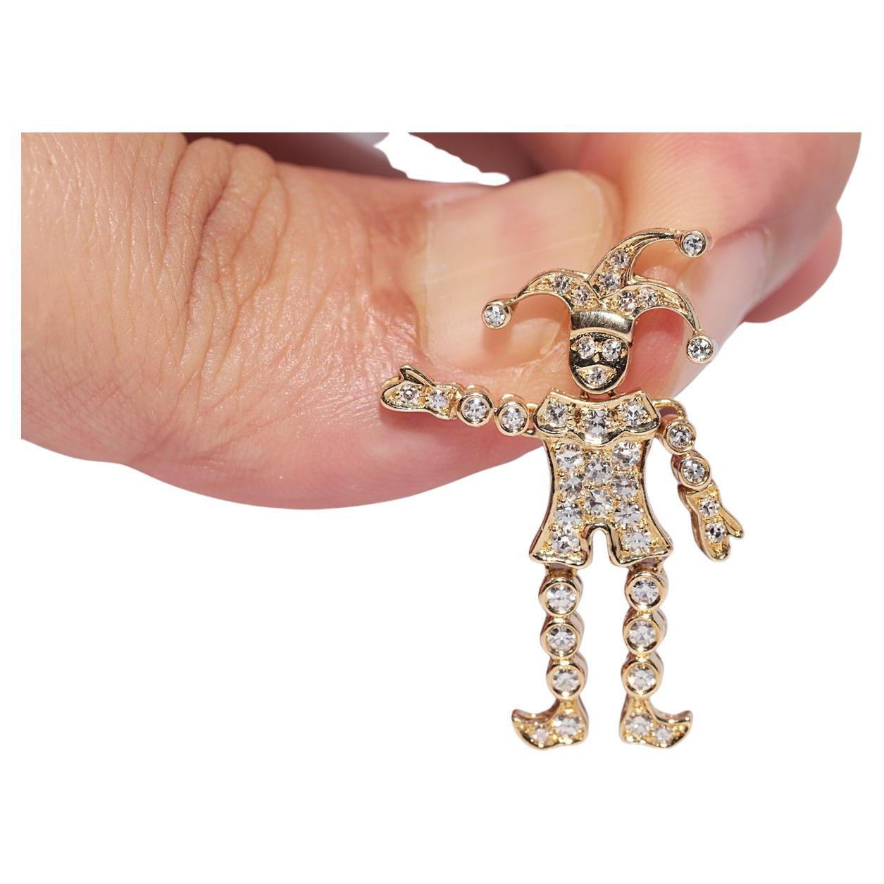 Vintage Circa 1980 Or 18k Pendentif Clown Décoré de Diamants Naturels