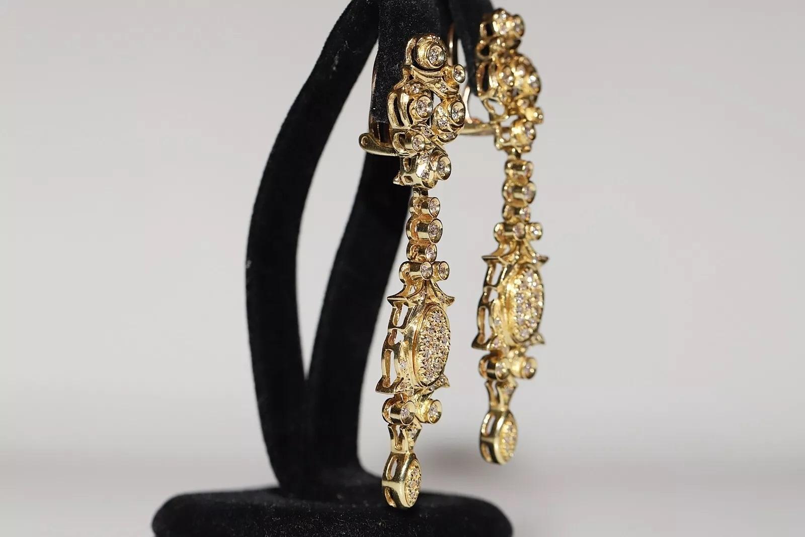 Vintage Circa 1980s 18k Gold Natural Diamond Decorated Drop Earring For Sale 6