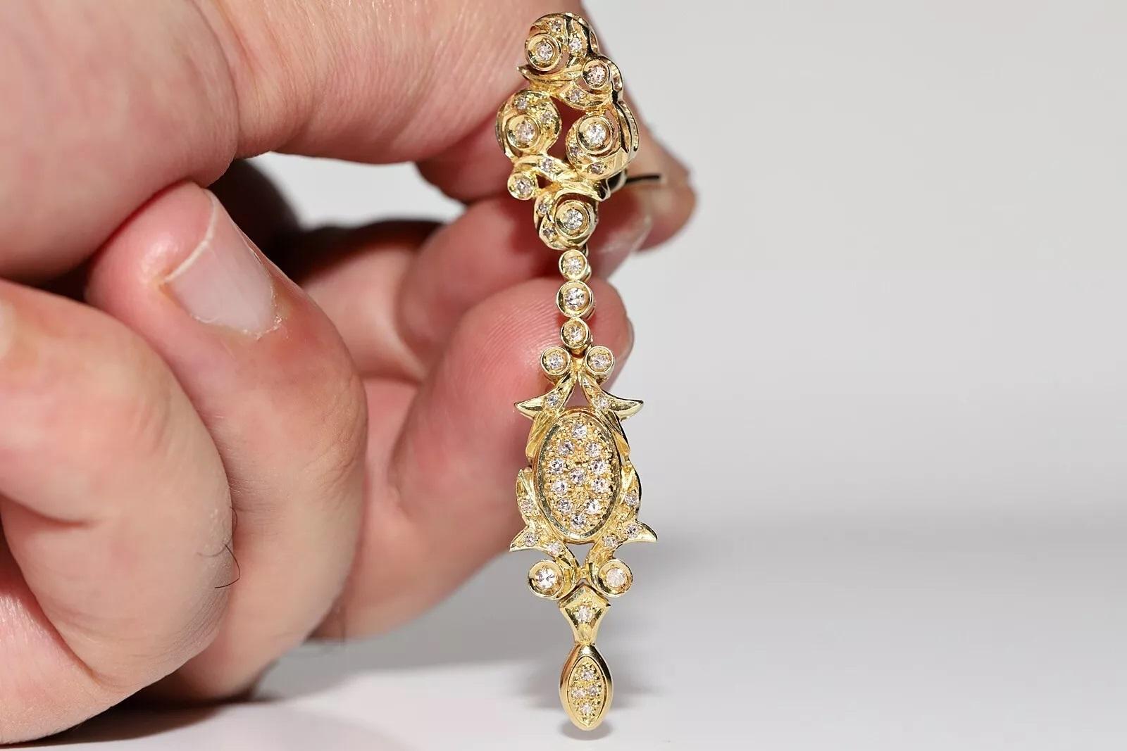 Vintage Circa 1980s 18k Gold Natural Diamond Decorated Drop Earring For Sale 8
