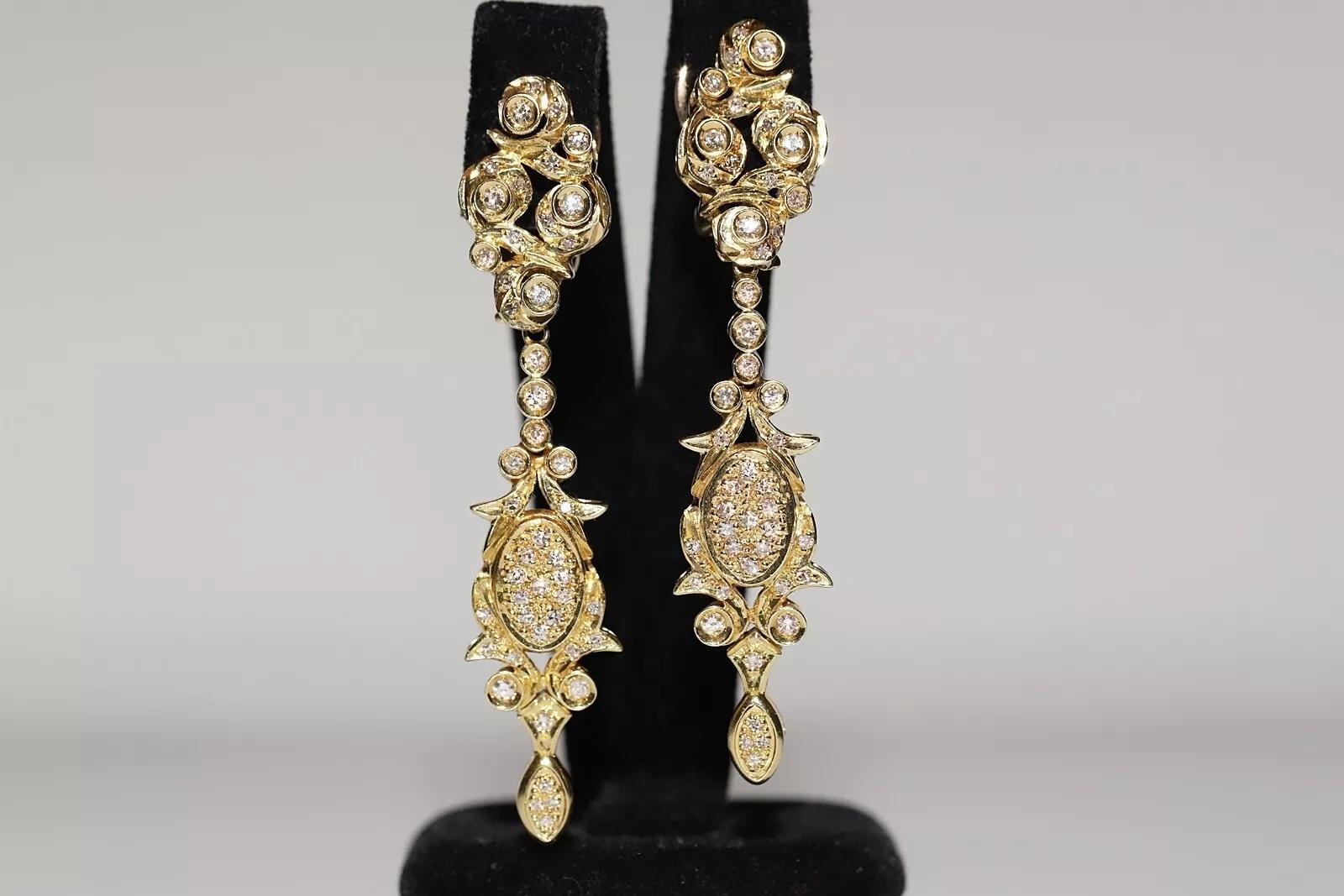 Vintage Circa 1980s 18k Gold Natural Diamond Decorated Drop Earring For Sale 11