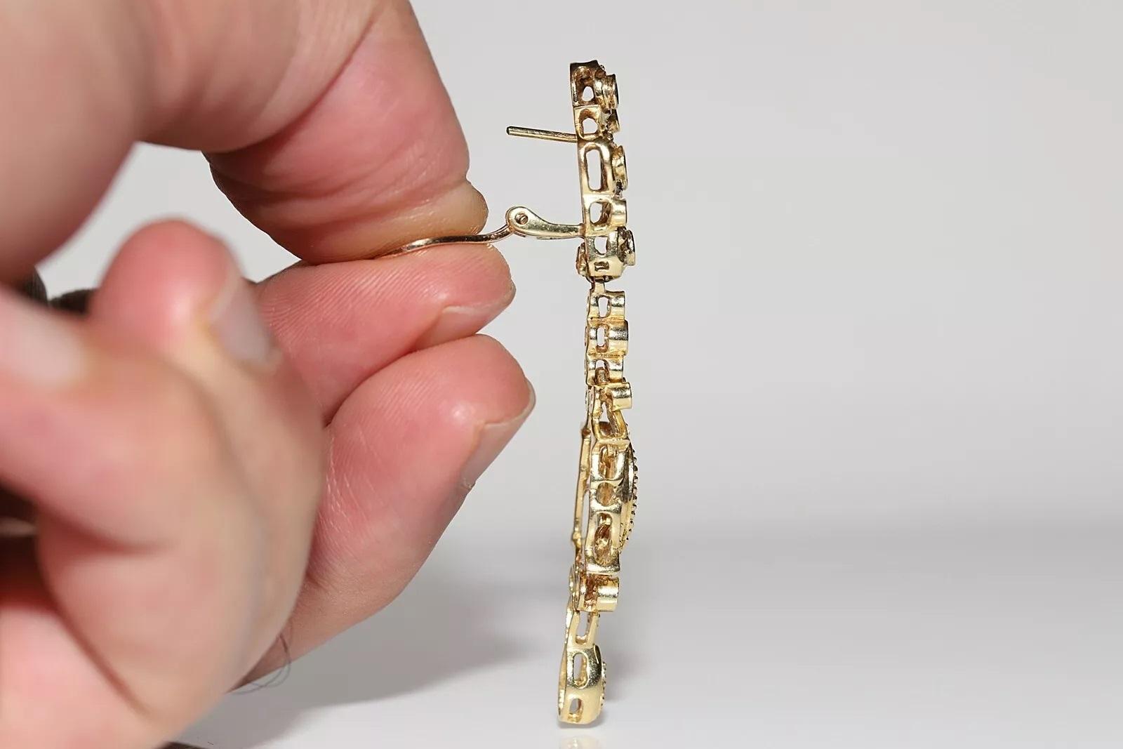 Vintage Circa 1980s 18k Gold Natural Diamond Decorated Drop Earring For Sale 12