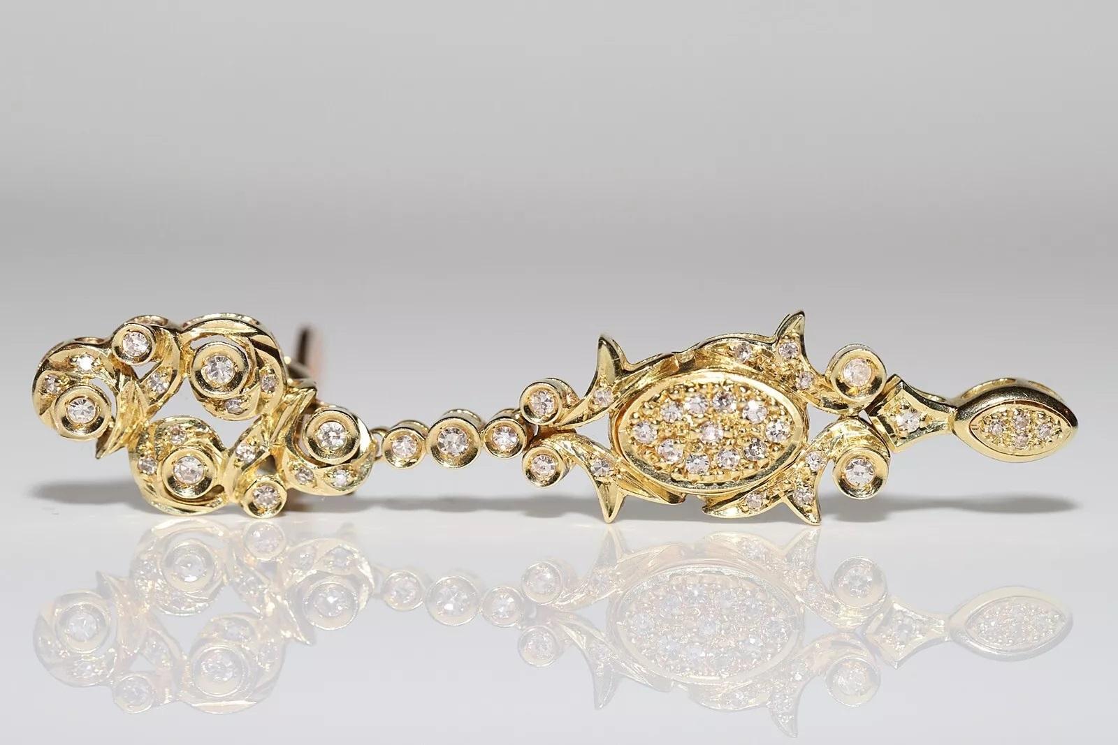 Vintage Circa 1980s 18k Gold Natural Diamond Decorated Drop Earring For Sale 14