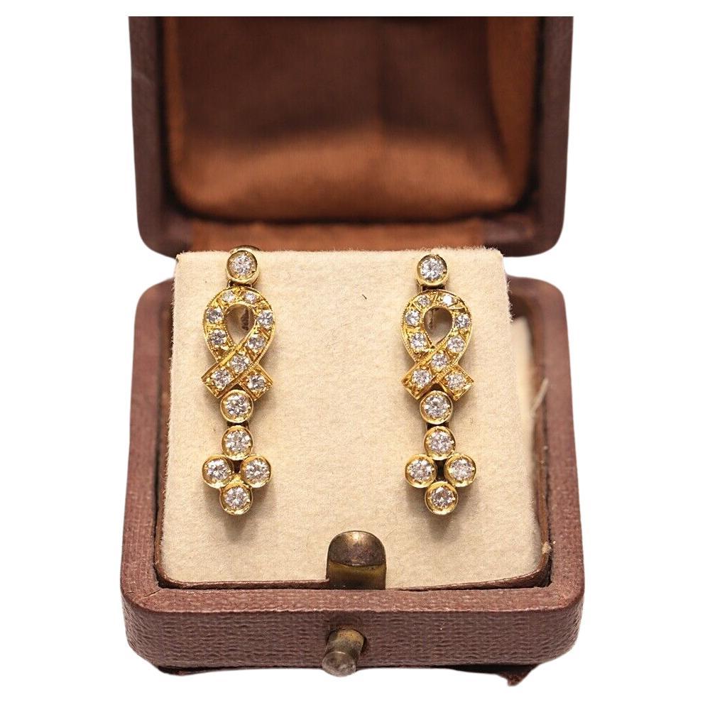 Vintage Circa 1980s 18k Gold Natural Diamond Decorated Drop Earring For Sale