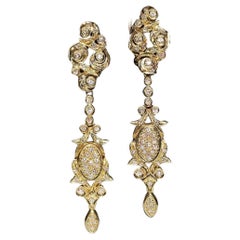 Vintage Circa 1980s 18k Gold Natural Diamond Decorated Drop Earring