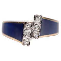 Vintage Circa 1980s 18k Gold Natural Diamond Decorated Enamel Ring