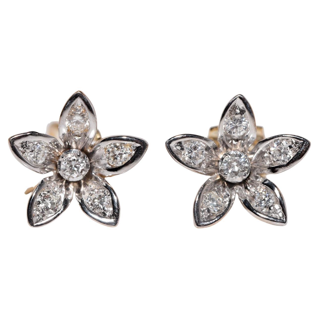 Vintage Circa 1980s 18k Gold Natural Diamond Decorated Flowers Earring