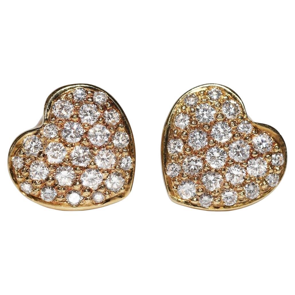 Vintage Circa 1980s 18k Gold Natural Diamond Decorated Heart Earring 
