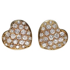 Retro Circa 1980s 18k Gold Natural Diamond Decorated Heart Earring 
