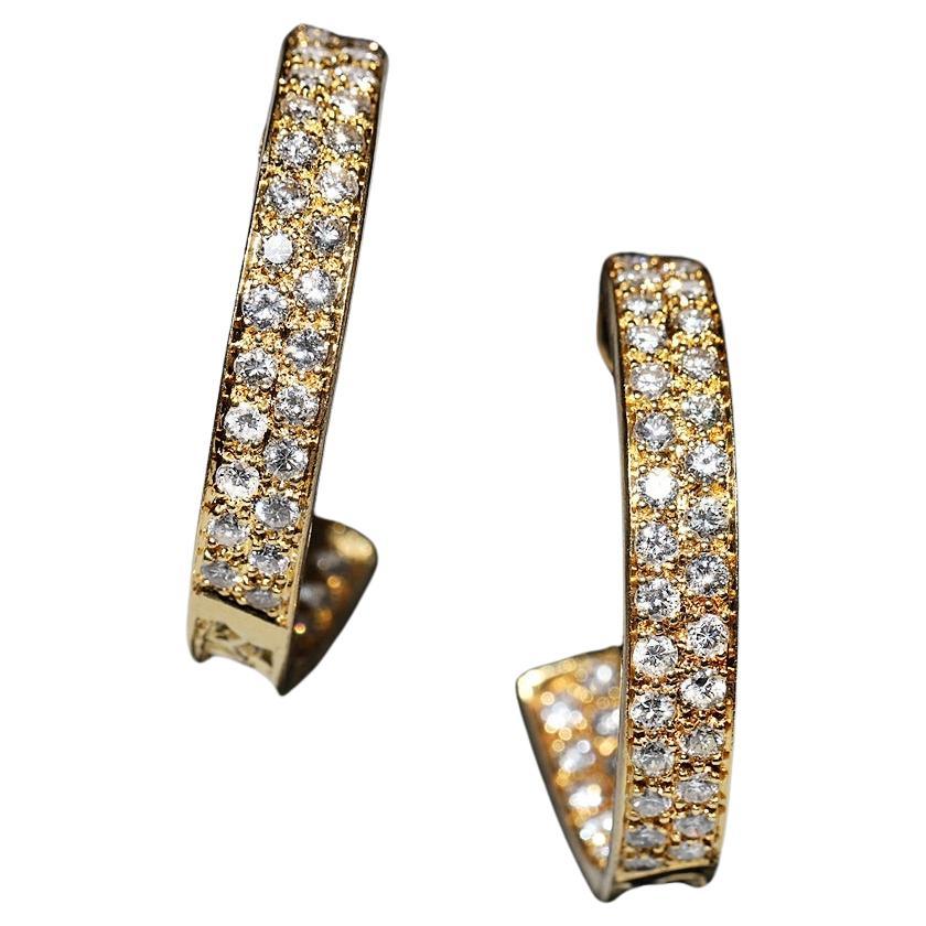 Vintage Circa 1980s 18k Gold Natural Diamond Decorated Hoop Earring  For Sale