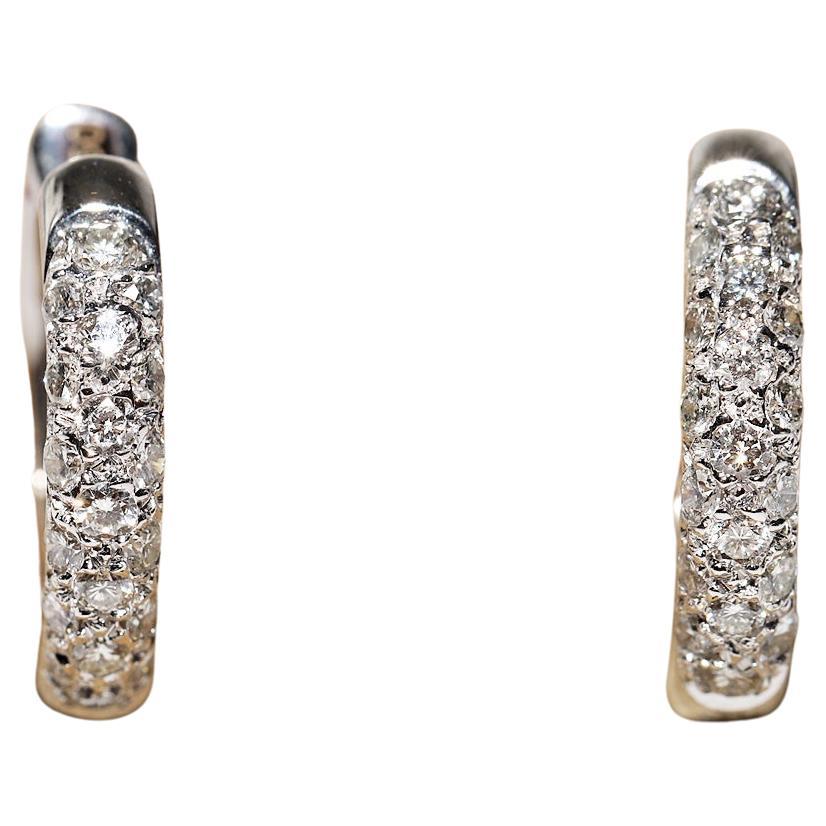 Vintage Circa 1980s 18k Gold Natural Diamond Decorated Hoop Earring