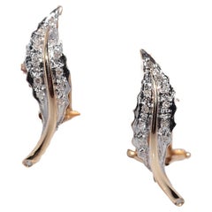 Vintage Circa 1980s 18k Gold Natural Diamond Decorated Leaf Design Earring