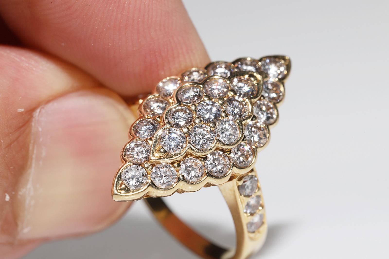 Vintage Circa 1980s 18k Gold Natural Diamond Decorated Navette Ring For Sale 1