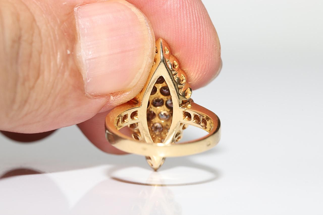 Vintage Circa 1980s 18k Gold Natural Diamond Decorated Navette Ring For Sale 2