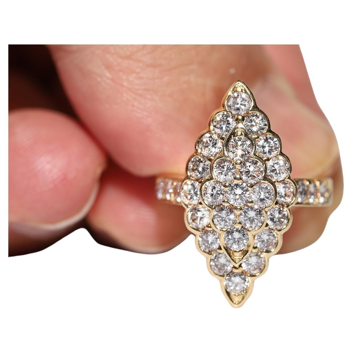 Vintage Circa 1980s 18k Gold Natural Diamond Decorated Navette Ring For Sale