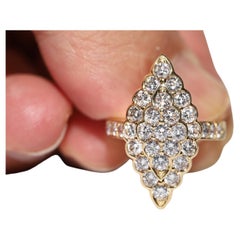 Antique Circa 1980s 18k Gold Natural Diamond Decorated Navette Ring