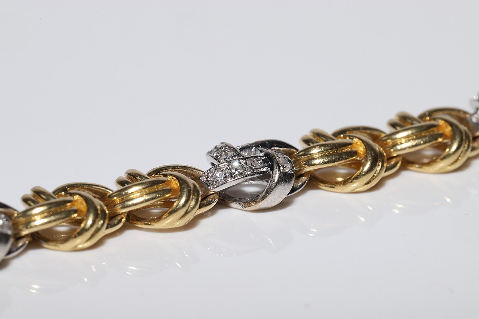 Vintage Circa 1980s 18k Gold Natural Diamond Decorated Rope Stye Bracelet 7