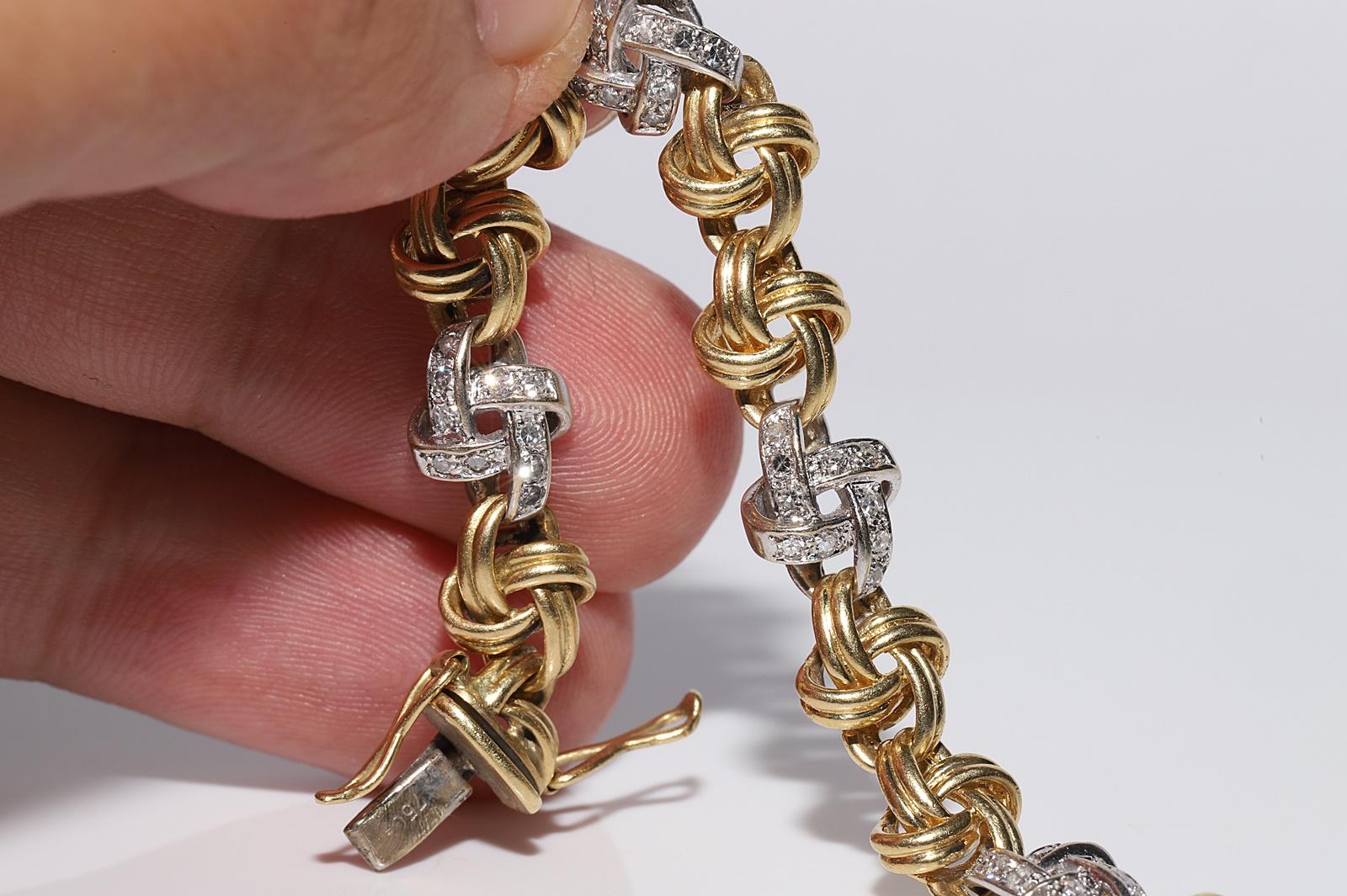 Vintage Circa 1980s 18k Gold Natural Diamond Decorated Rope Stye Bracelet 8