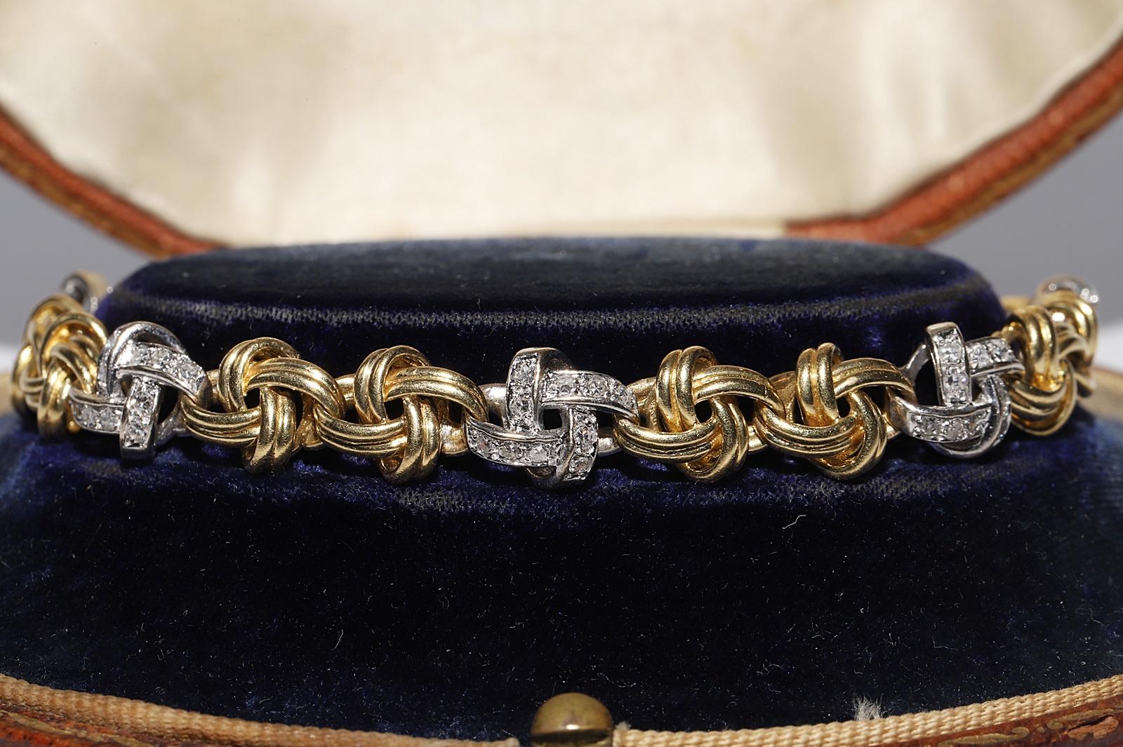Retro Vintage Circa 1980s 18k Gold Natural Diamond Decorated Rope Stye Bracelet