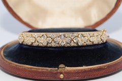 Vintage Circa 1980s 18k Gold Natural Diamond Decorated Strong Bangle Bracelet