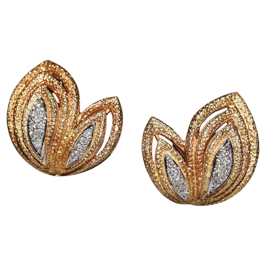 Vintage Circa 1980 Boucle d
oreille forte en or 18k ornée de diamants naturels