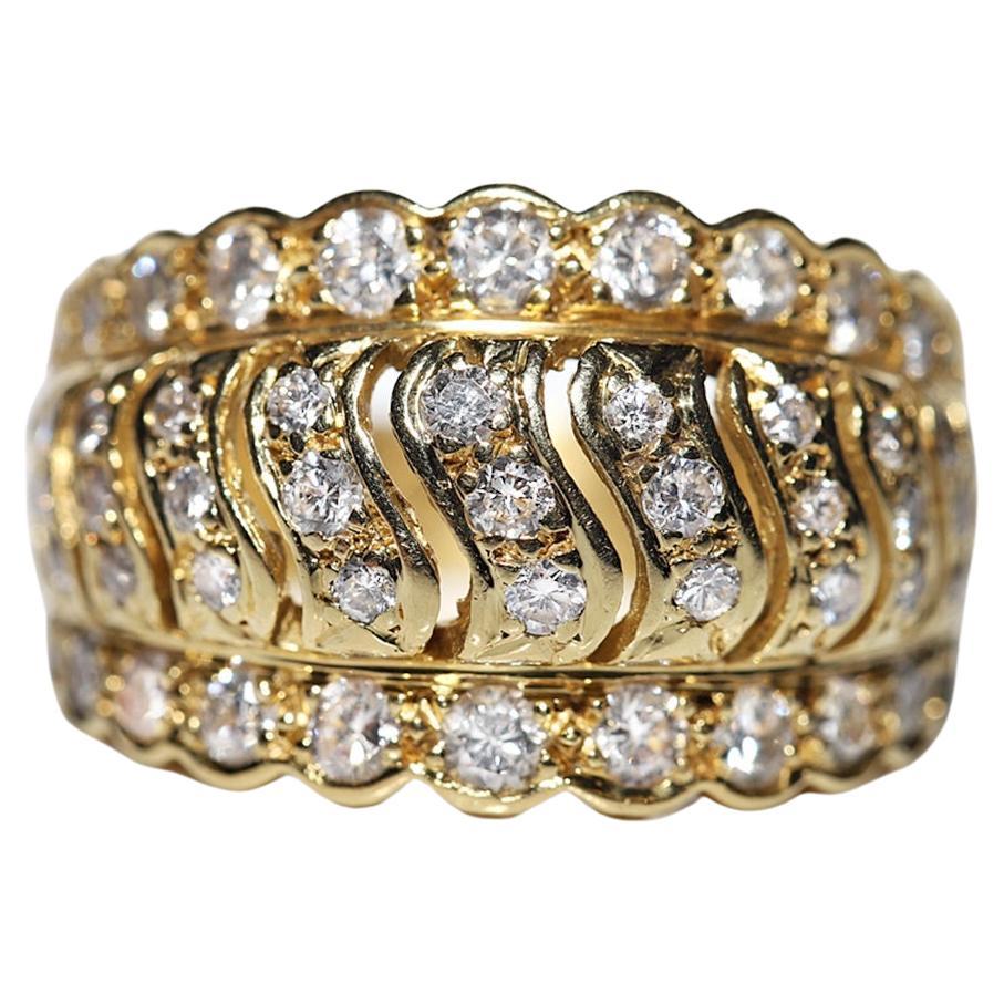 Vintage Circa 1980s 18k Gold Natural Diamond Decorated Strong Ring  For Sale