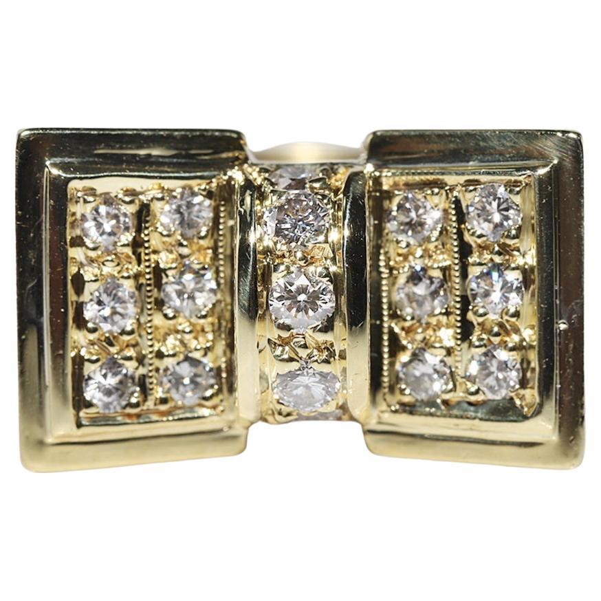 Vintage Circa 1980s 18k Gold Natural Diamond Decorated Strong Tank Ring