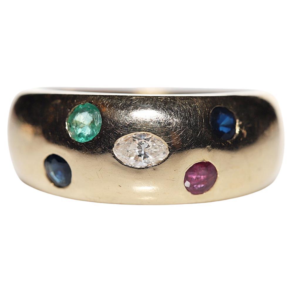 Vintage Circa 1980er Jahre 18k Gold Natürlicher Diamant Smaragd Saphir Rubin Band Ring 