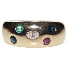 Retro Circa 1980s 18k Gold Natural Diamond Emerald Sapphire Ruby Band Ring 