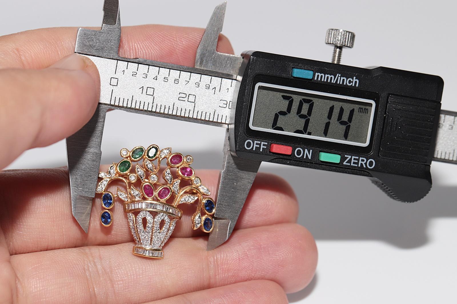 Vintage Circa 1980s 18k Gold Natural Diamond Emerald Sapphire Ruby Brooch For Sale 6